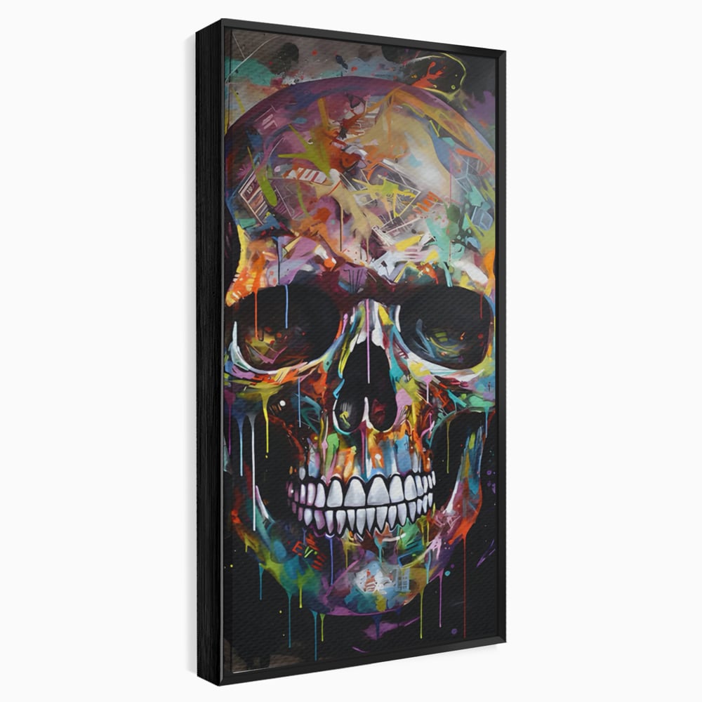 Tablou canvas cu tablou canvas cu craniu multicolor, in rama de aluminiu negru